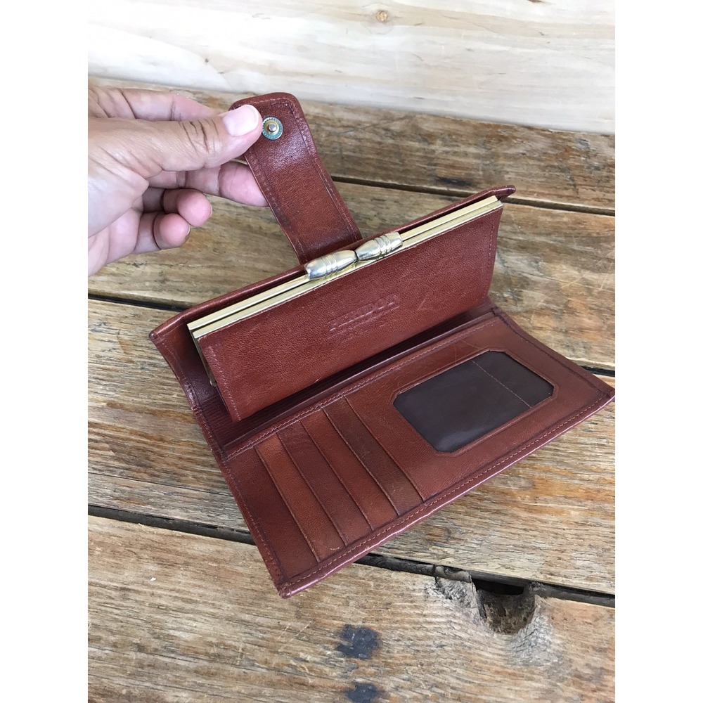 Vtg MCM Unique Brown Leather Wallet Clutch Peridot No. 007 Kiss Lock - Picture 9 of 11